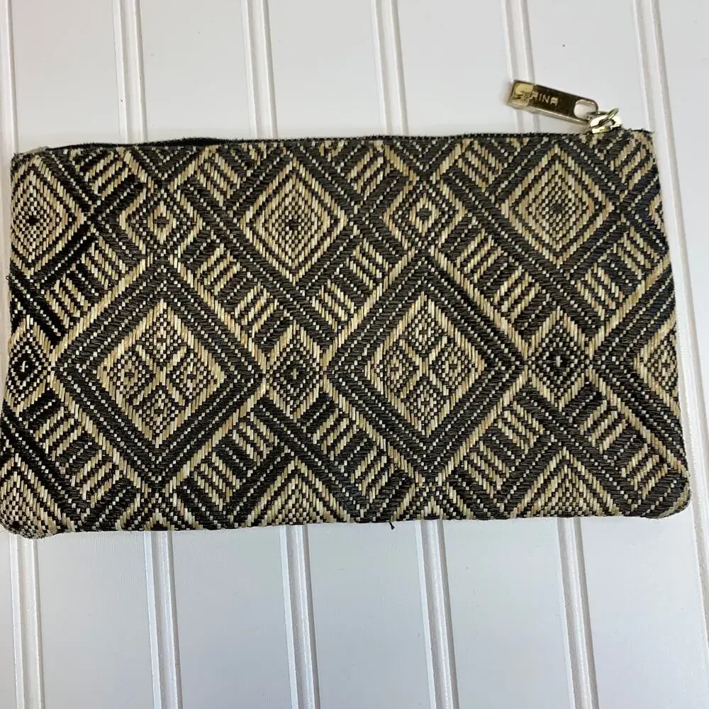 Set Makeup Bag Black Clear Striped Bow Gold Accent Plastic Woven Pouch